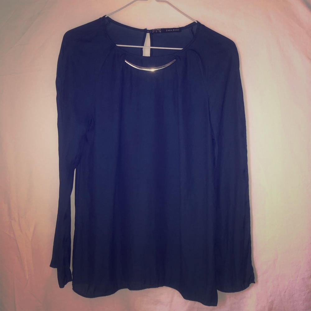 Zara Navy Blue Chiffon Top with Gold Neck Detail S